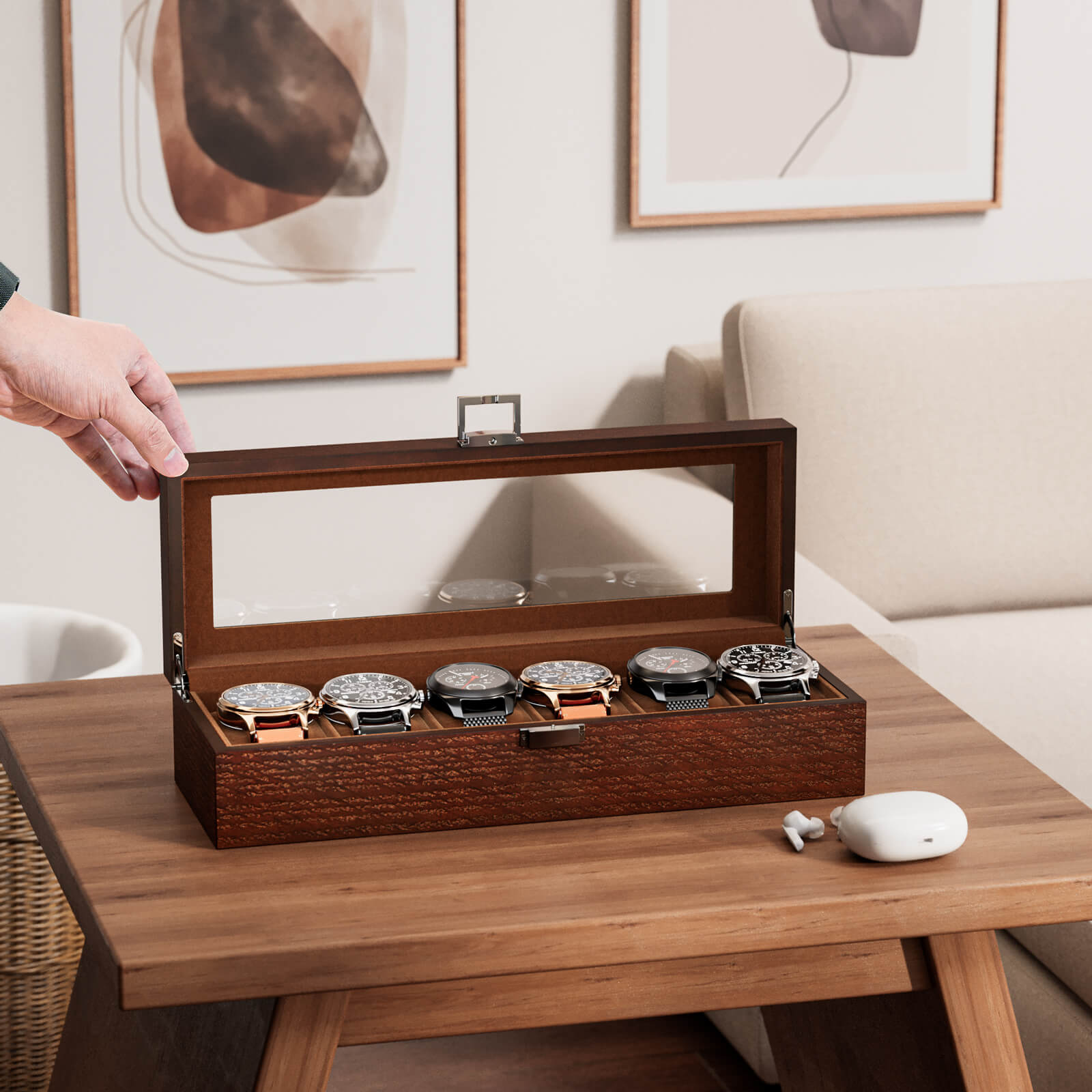 Wooden Watch Box for Men, 6 Slot Watch Display Case with Glass Lid, Brown