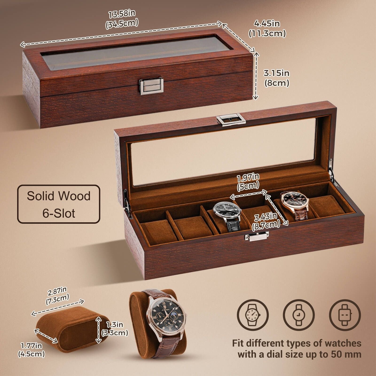 Wooden Watch Box for Men, 6 Slot Watch Display Case with Glass Lid, Brown