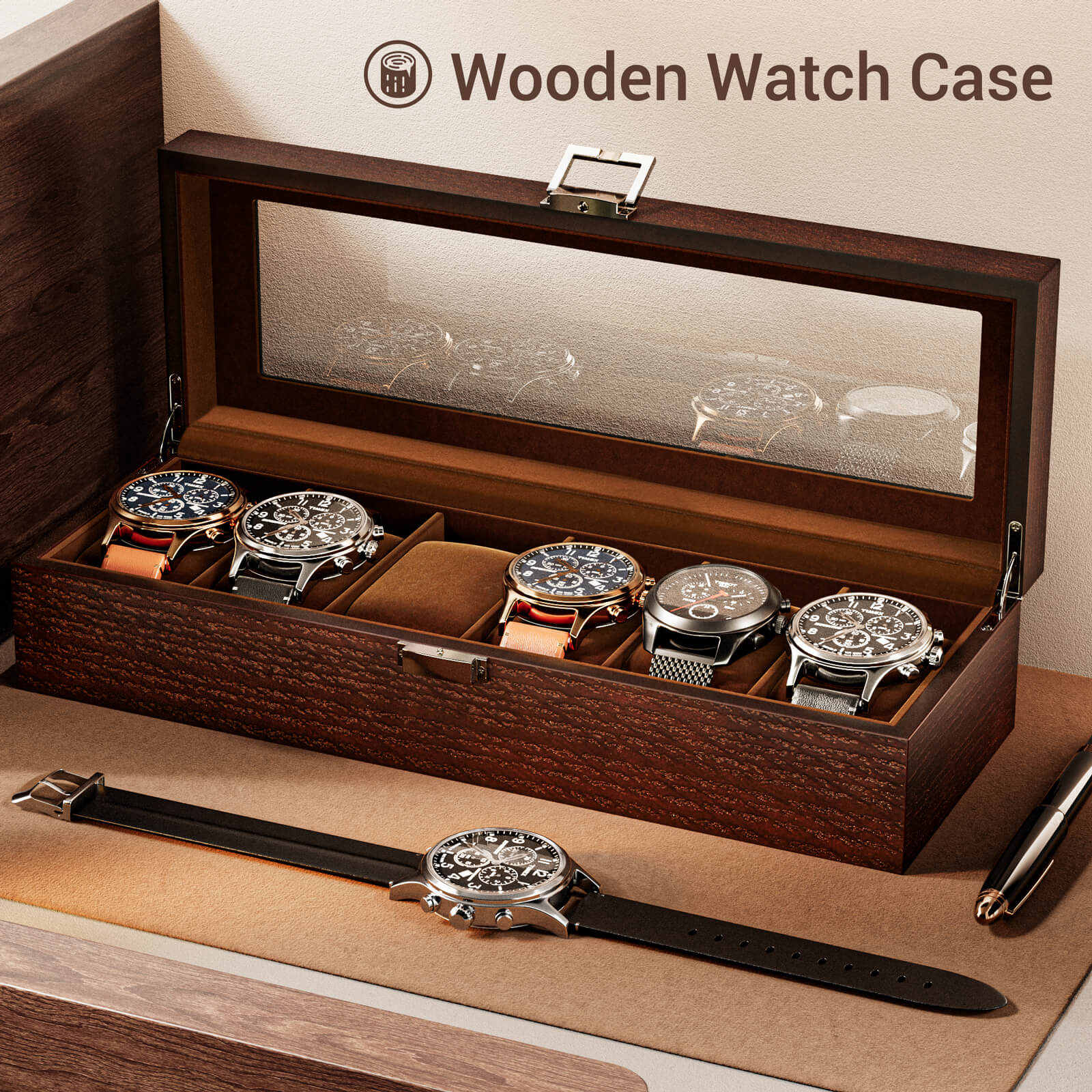 Wooden Watch Box for Men, 6 Slot Watch Display Case with Glass Lid, Brown