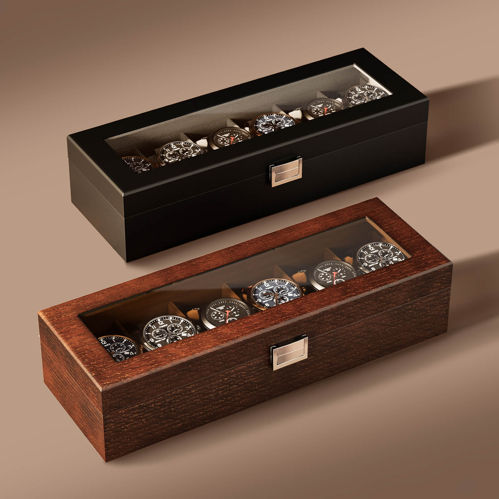 Wooden Watch Box for Men, 6 Slot Watch Display Case with Glass Lid, Brown
