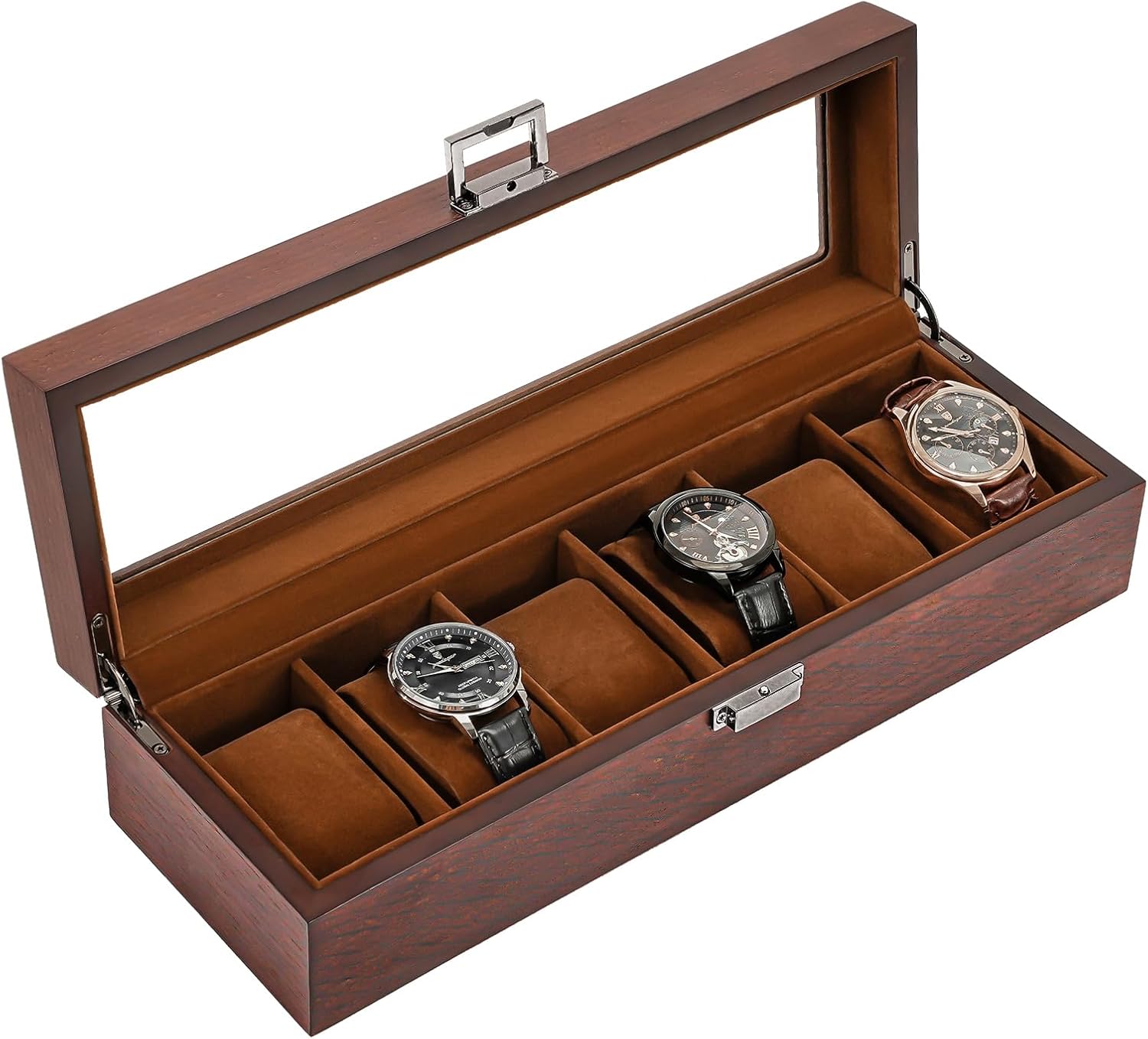 Wooden Watch Box for Men, 6 Slot Watch Display Case Mens Watch Box Organizer, Wood Watch Case for Men Watch Storage, Watch Holder Organizer with Glass Lid, brown