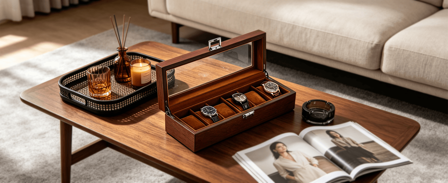 Wooden Watch Box for Men, Fathers Day Gift for Dad,Watch Display Case Mens Watch Box Organizer, Wood Watch Case for Men Watch Storage, Watch Holder Organizer with Glass Lid
