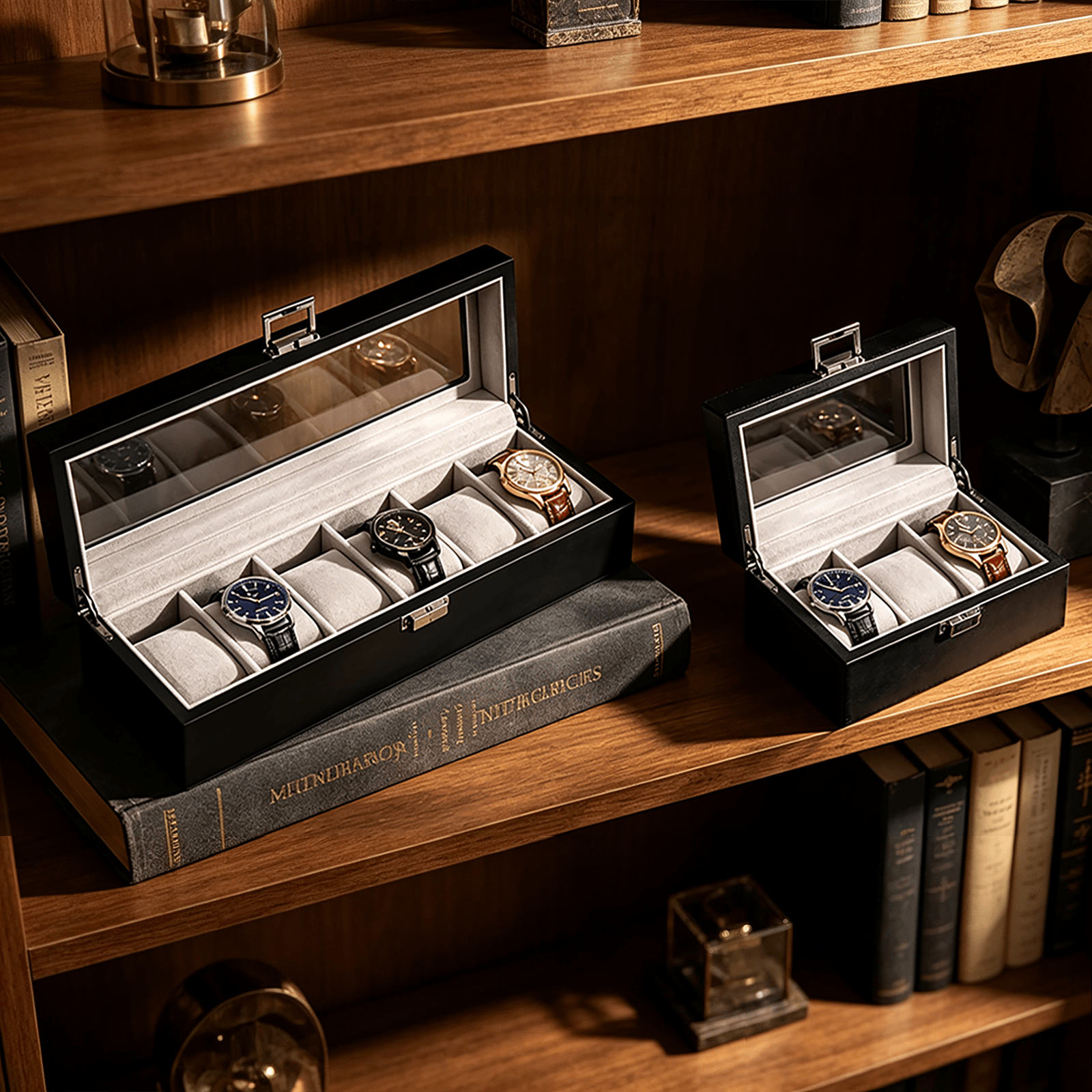 Black Watch Box for Men, Fathers Day Gift for Dad,Watch Display Case Mens Watch Box Organizer, Wood Watch Case for Men Watch Storage, Watch Holder Organizer with Glass Lid