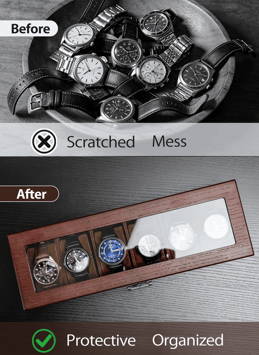 Black mens jewelry and watch display case with watches, sunglasses, and jewelry.