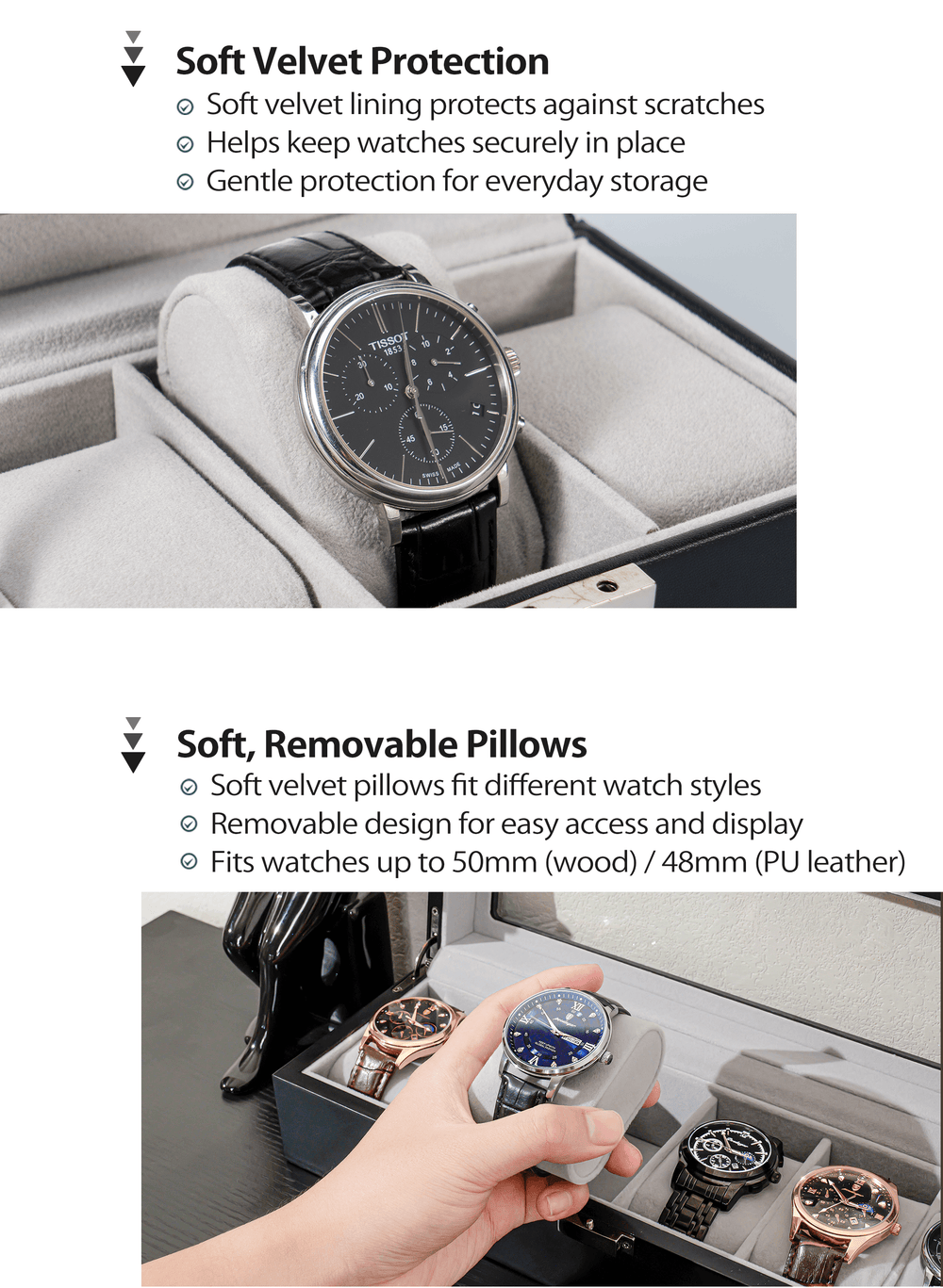 Watch storage case with soft velvet lining and removable pillows, displaying watches of different styles.