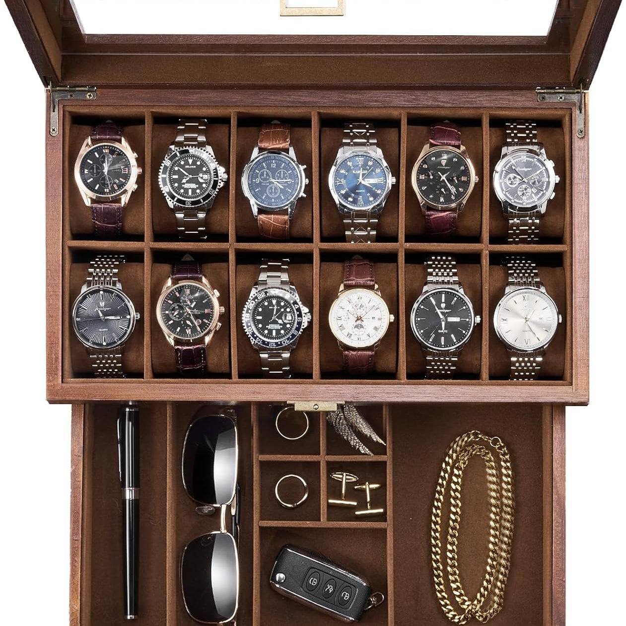 Wooden Watch Case, 12 Slot Mens Watch Box with Drawer, 2-Layer Mens Jewelry Box Storage Holder Organizer Display Case, Anniversary Birthday Christmas Gifts for Men Women