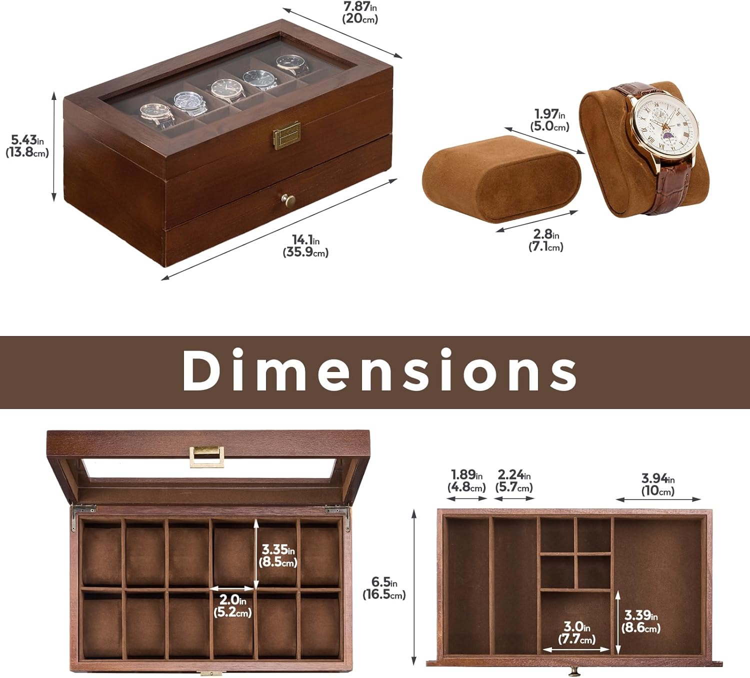 Wooden Watch Case, 12 Slot Mens Watch Box with Drawer, 2-Layer Mens Jewelry Box Storage Holder Organizer Display Case, Anniversary Birthday Christmas Gifts for Men Women
