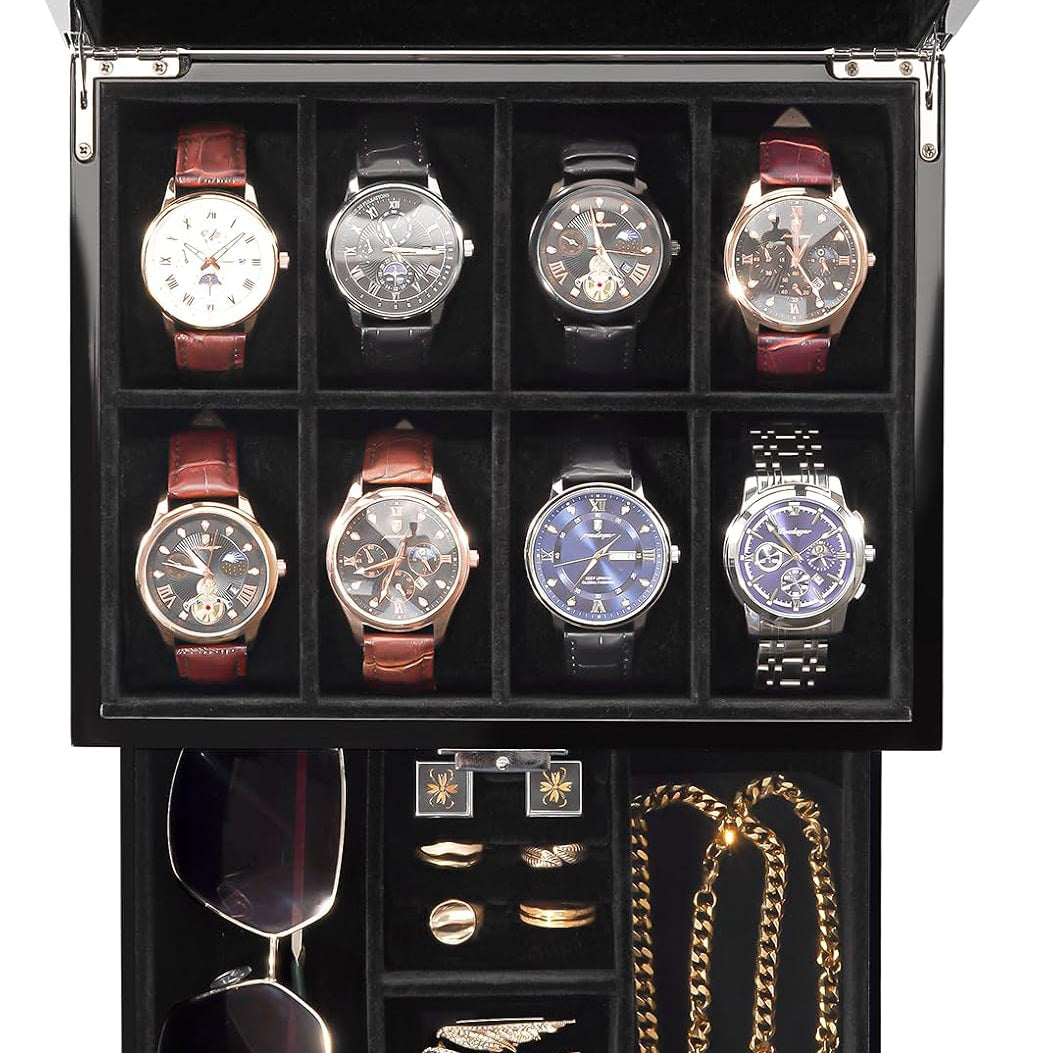Wooden Watch Case, 8 Slot Mens Watch Box with Drawer, 2-Layer Mens Jewelry Box Storage Holder Organizer Display Case, Anniversary Birthday Christmas Gifts for Men Women
