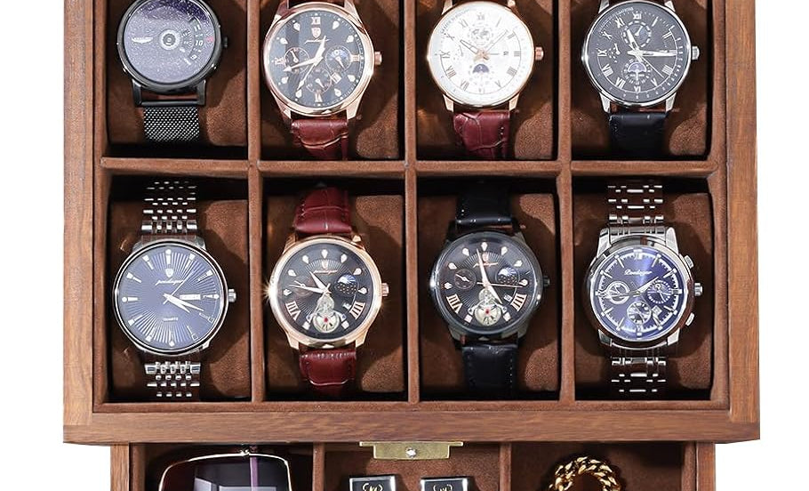 Wooden Watch Case, 8 Slot Mens Watch Box with Drawer, 2-Layer Mens Jewelry Box Storage Holder Organizer Display Case, Anniversary Birthday Christmas Gifts for Men Women