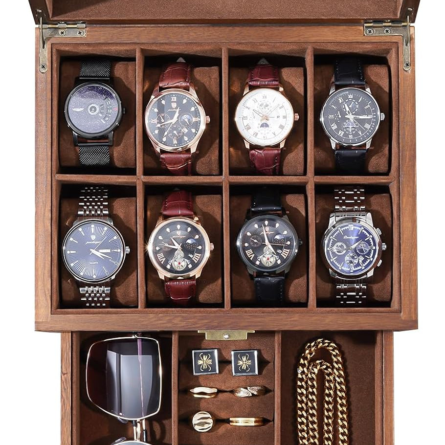 Wooden Watch Case, 8 Slot Mens Watch Box with Drawer, 2-Layer Mens Jewelry Box Storage Holder Organizer Display Case, Anniversary Birthday Christmas Gifts for Men Women