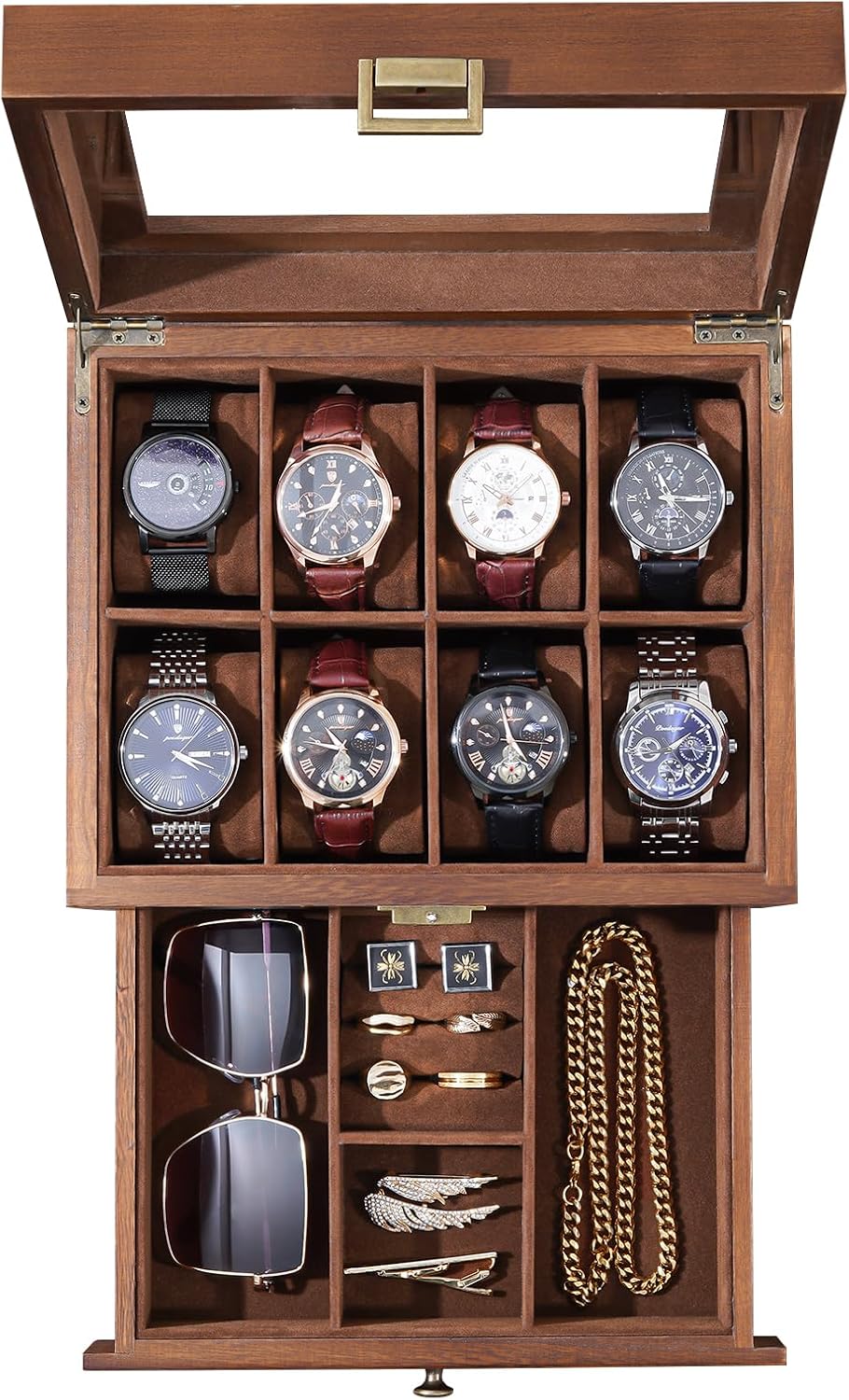 Wooden Watch Case, 8 Slot Mens Watch Box with Drawer, 2-Layer Mens Jewelry Box Storage Holder Organizer Display Case, Anniversary Birthday Christmas Gifts for Men Women