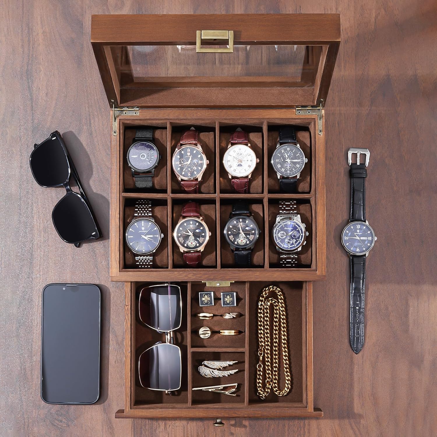 Wooden Watch Case, 8 Slot Mens Watch Box with Drawer, 2-Layer Mens Jewelry Box Storage Holder Organizer Display Case, Anniversary Birthday Christmas Gifts for Men Women