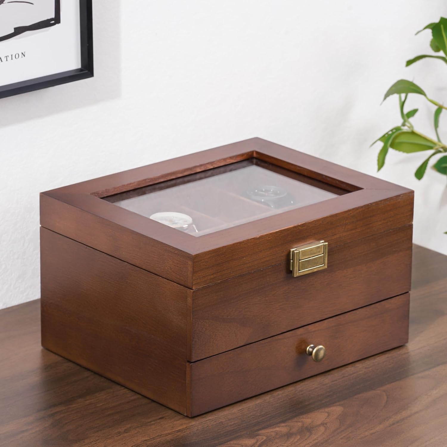 Wooden Watch Case, 8 Slot Mens Watch Box with Drawer, 2-Layer Mens Jewelry Box Storage Holder Organizer Display Case, Anniversary Birthday Christmas Gifts for Men Women