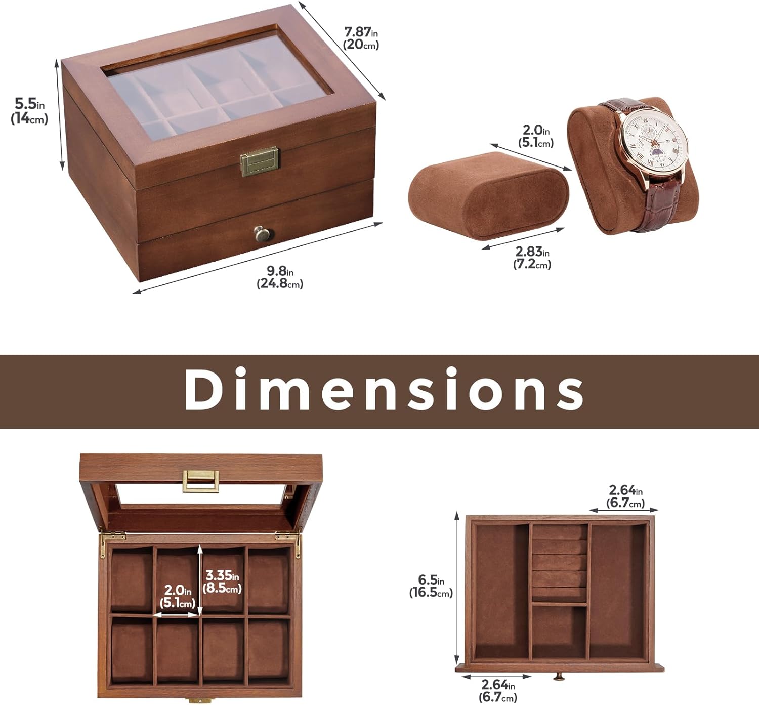 Wooden Watch Case, 8 Slot Mens Watch Box with Drawer, 2-Layer Mens Jewelry Box Storage Holder Organizer Display Case, Anniversary Birthday Christmas Gifts for Men Women