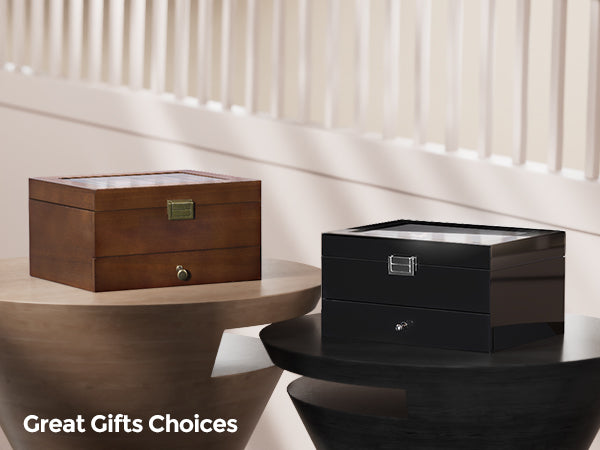 Wooden Watch Case, 8 Slot Mens Watch Box with Drawer, 2-Layer Mens Jewelry Box Storage Holder Organizer Display Case, Anniversary Birthday Christmas Gifts for Men Women