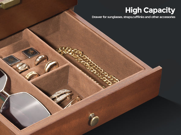 Wooden Watch Case, 8 Slot Mens Watch Box with Drawer, 2-Layer Mens Jewelry Box Storage Holder Organizer Display Case, Anniversary Birthday Christmas Gifts for Men Women