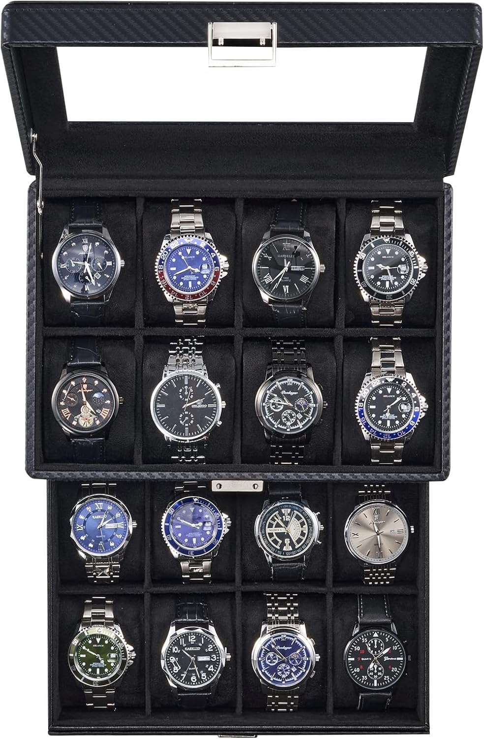 Watch Box for Men, Jewelry Organizer Box with Drawer, Display Storage Case with Glass Lid, black