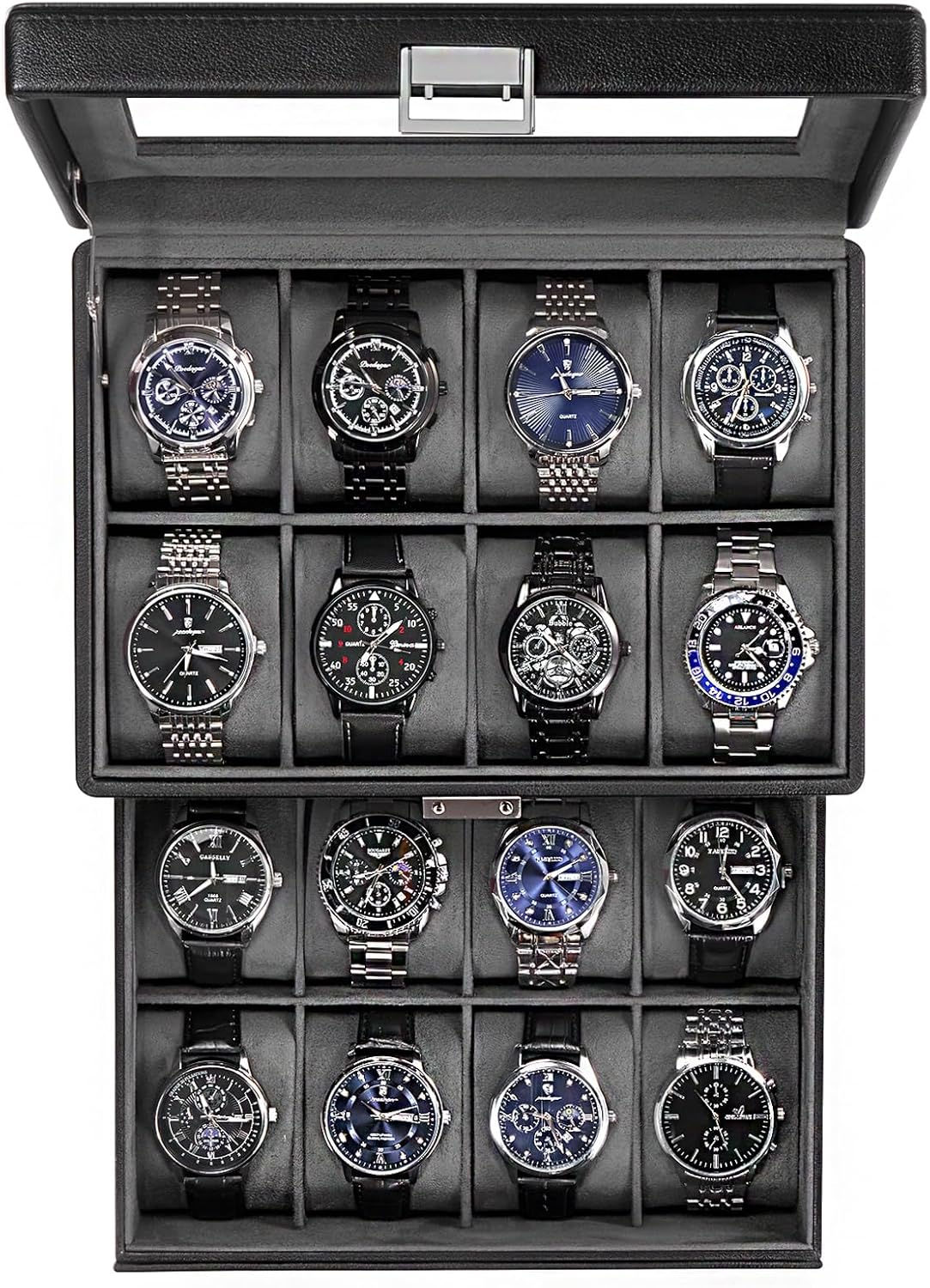 Watch Box for Men, Jewelry Organizer Box with Drawer, Display Storage Case with Glass Lid, black
