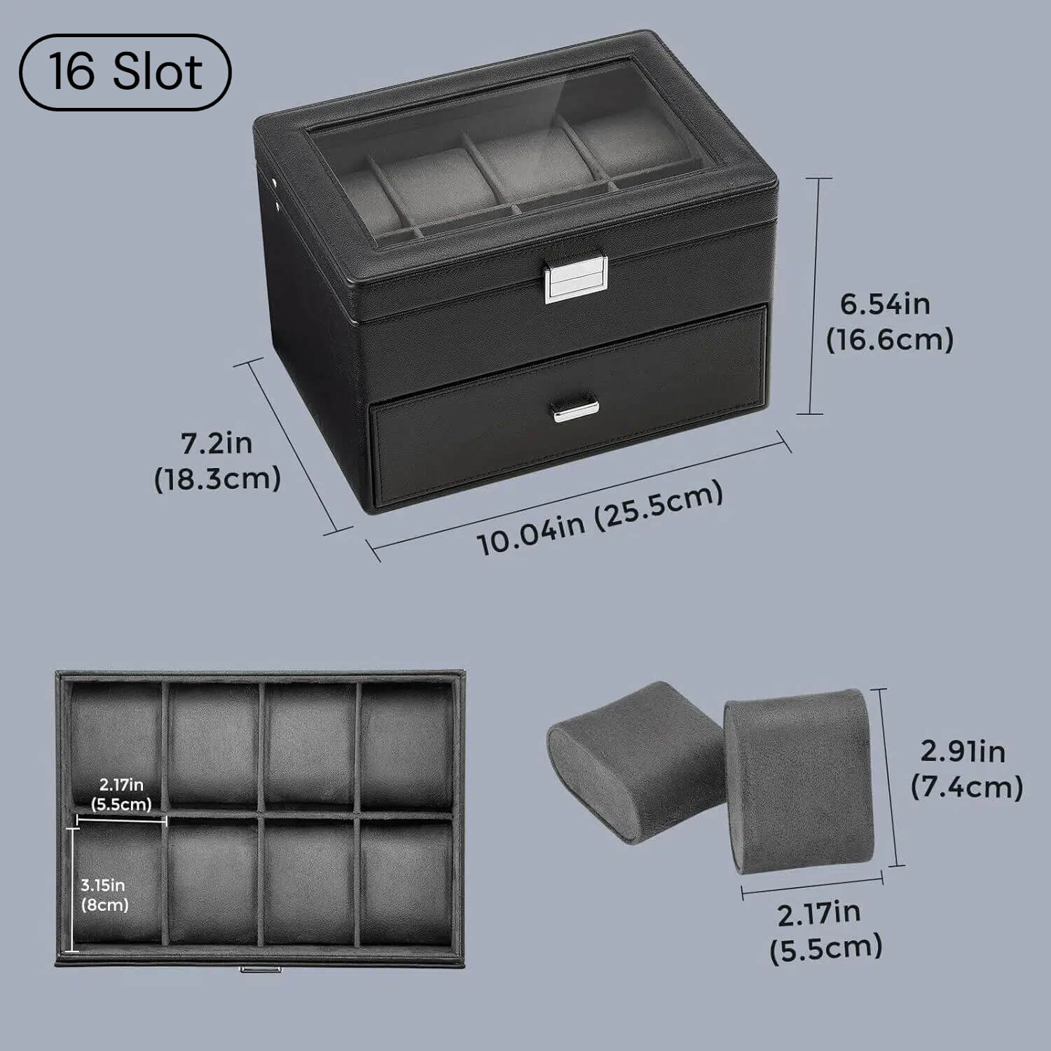 16 Slot Watches Jewelry Organizer Box with Drawer, Display Storage Case with Glass Lid