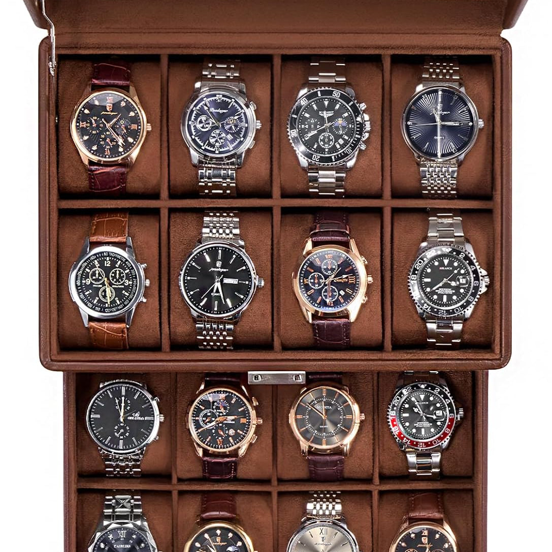 Watch Box for Men, Jewelry Organizer Box with Drawer, Display Storage Case with Glass Lid, brown