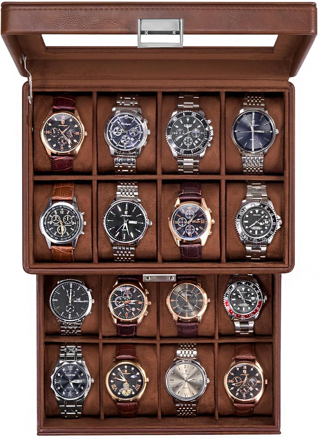 Watch Box for Men, Jewelry Organizer Box with Drawer, Display Storage Case with Glass Lid, brown