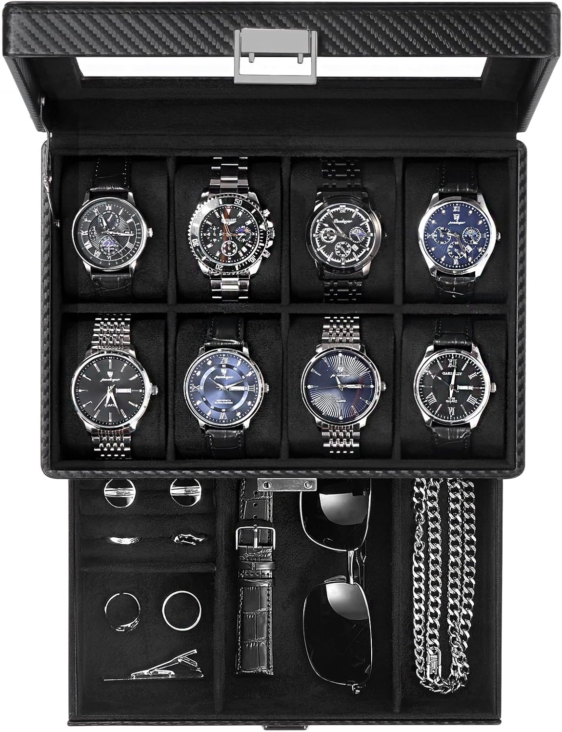 Watch Box for Men, Jewelry Organizer Box with Drawer, Display Storage Case with Glass Lid, black