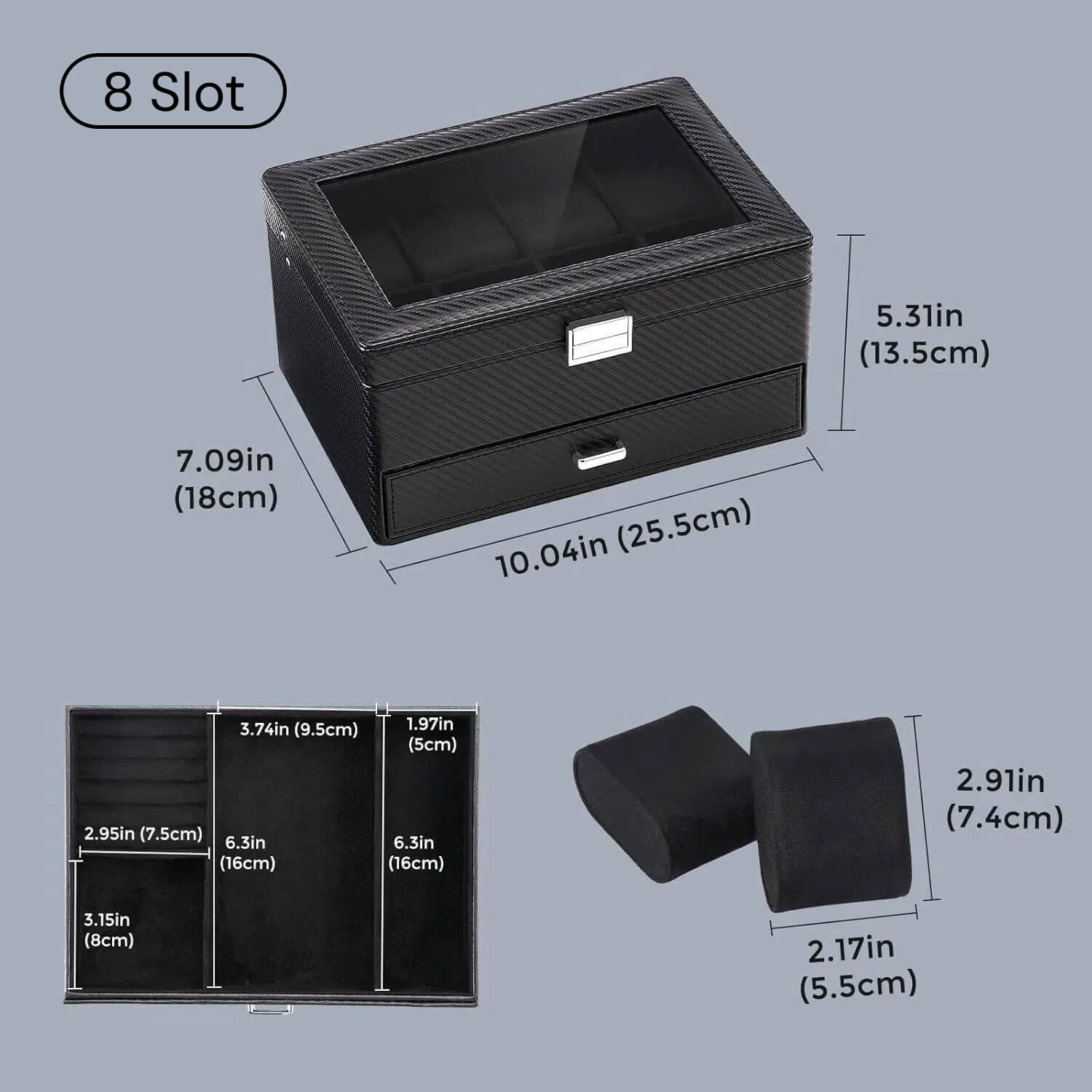 8 Slot Watches Jewelry Organizer Box with Drawer, Display Storage Case with Glass Lid