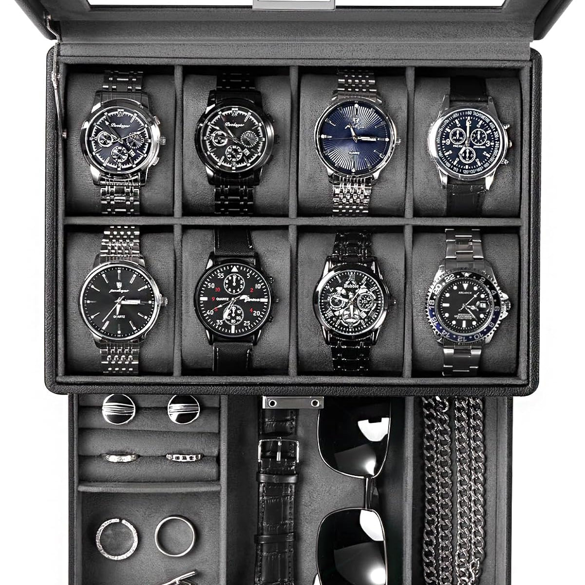 Watch Box for Men, Jewelry Organizer Box with Drawer, Display Storage Case with Glass Lid, black