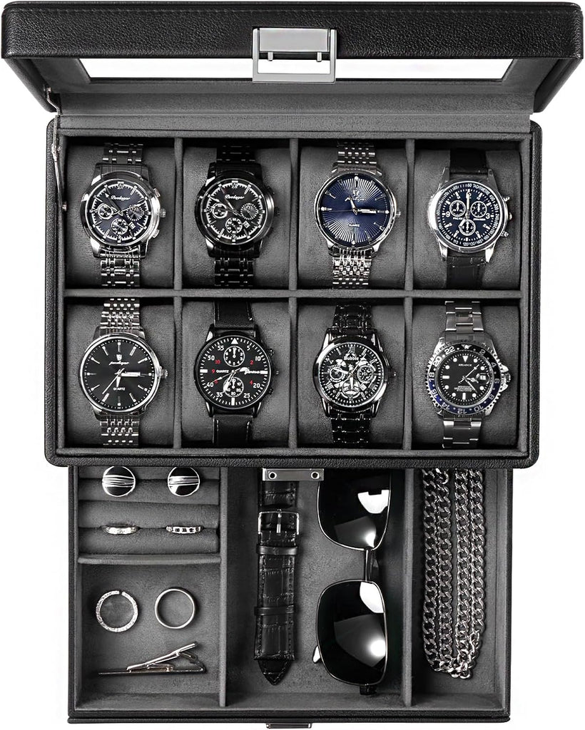 Watch Box for Men, Jewelry Organizer Box with Drawer, Display Storage Case with Glass Lid, black