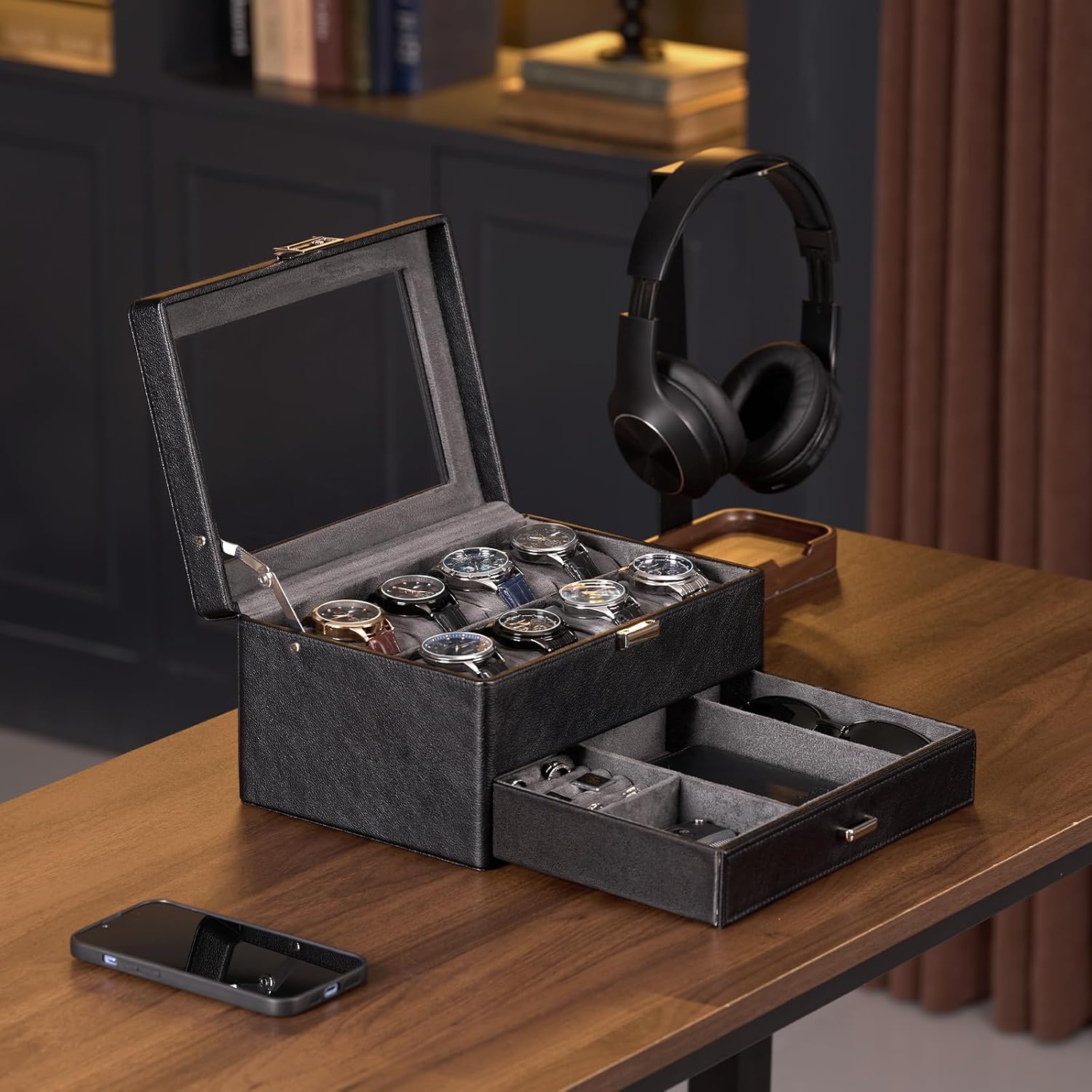 Watch Box for Men, Jewelry Organizer Box with Drawer, Display Storage Case with Glass Lid, black