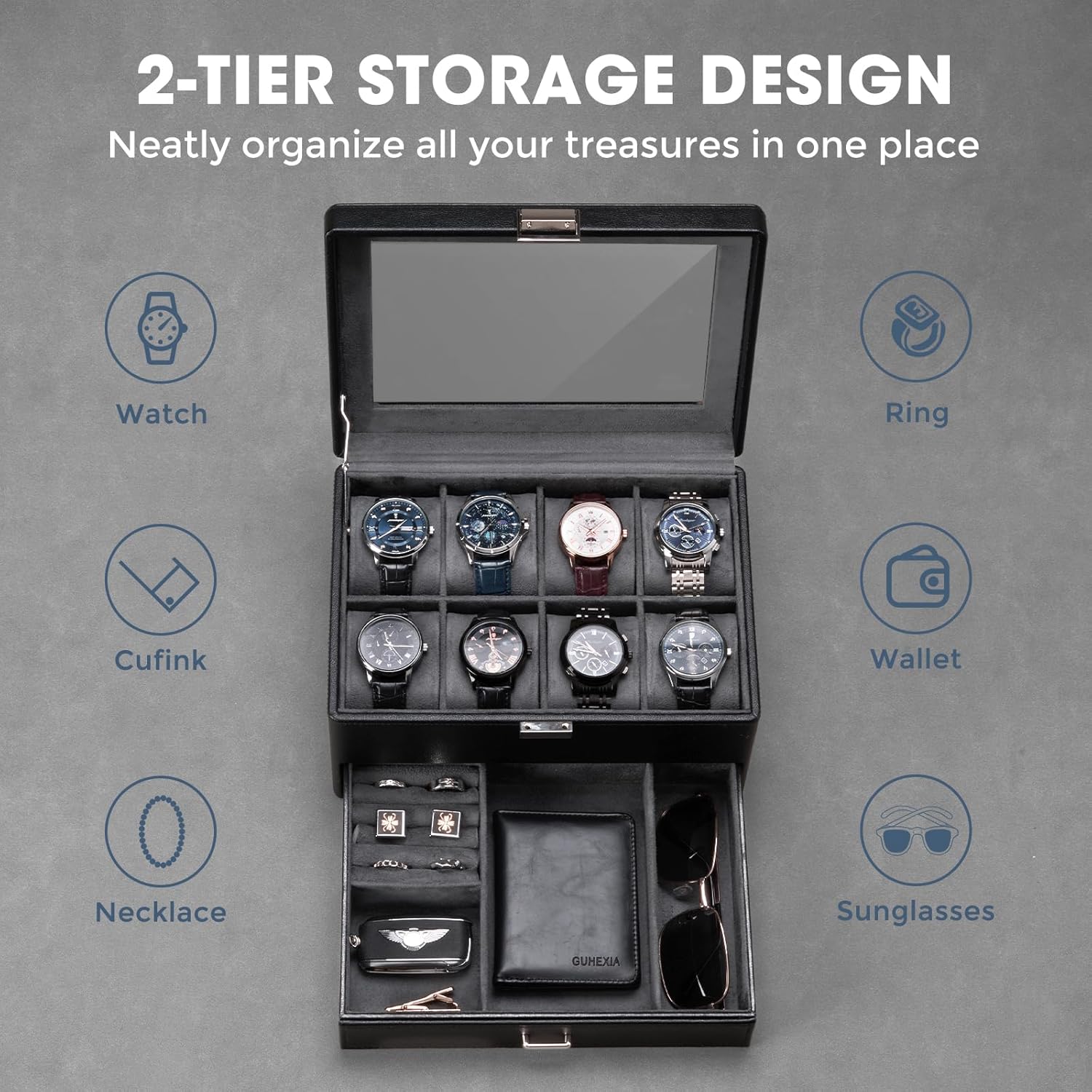 Watch Box for Men, Jewelry Organizer Box with Drawer, Display Storage Case with Glass Lid, black