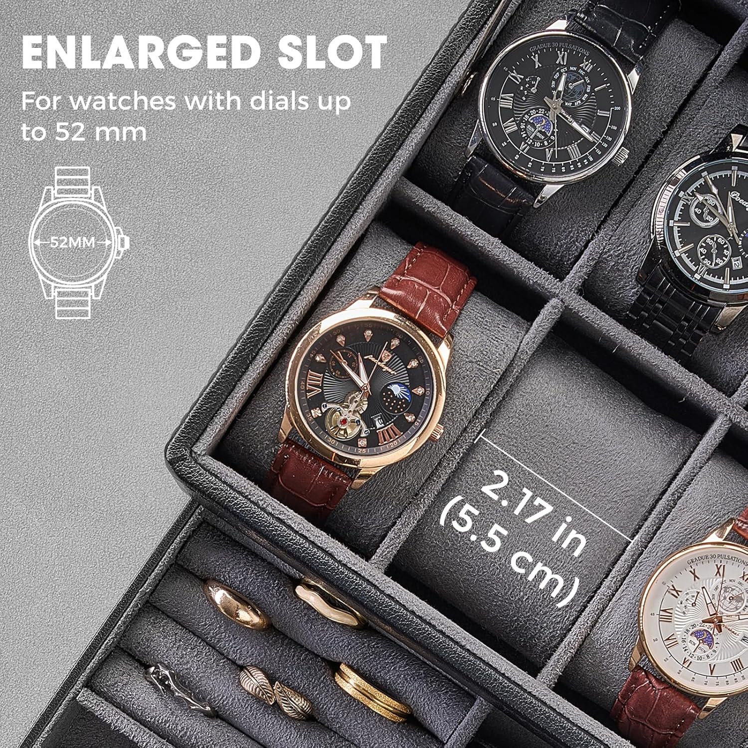 Watch Box for Men, Jewelry Organizer Box with Drawer, Display Storage Case with Glass Lid, black