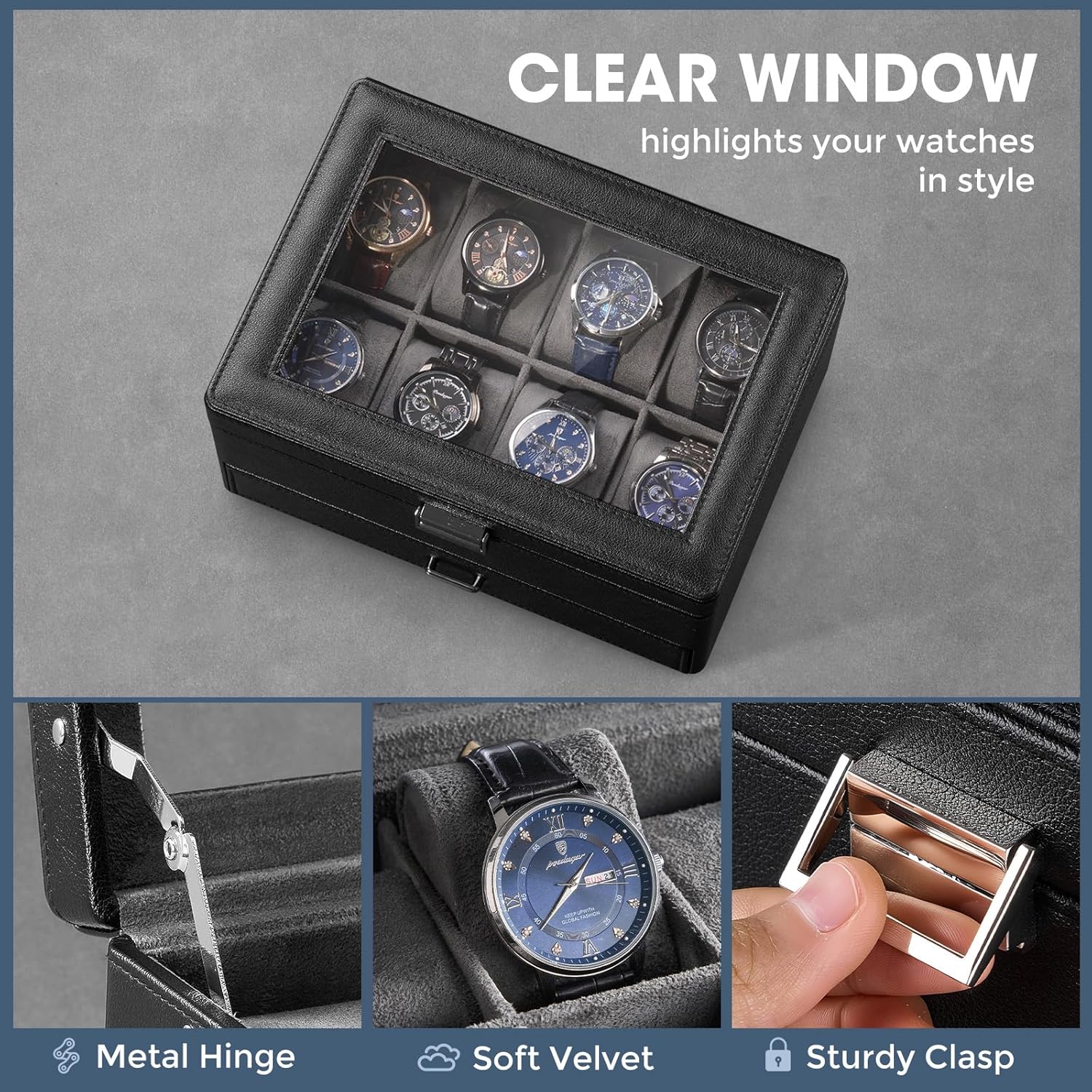 Watch Box for Men, Jewelry Organizer Box with Drawer, Display Storage Case with Glass Lid, black