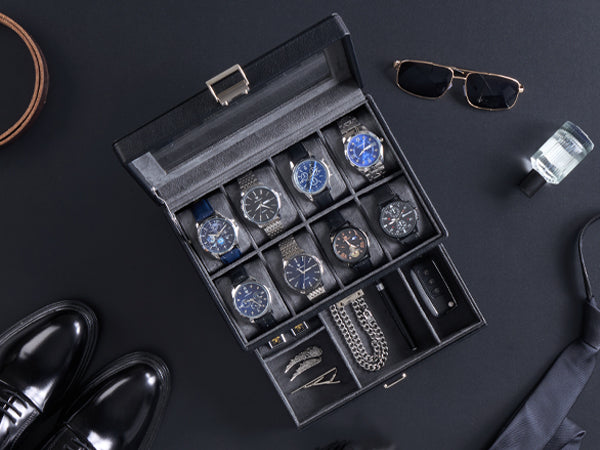 Watch Box for Men, Jewelry Organizer Box with Drawer, Display Storage Case with Glass Lid, black