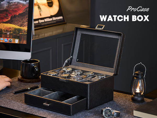 Watch Box for Men, Jewelry Organizer Box with Drawer, Display Storage Case with Glass Lid, black