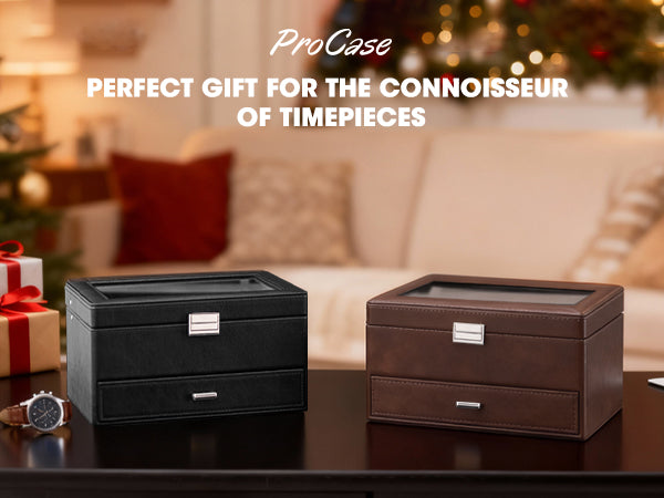 Watch Box for Men, Jewelry Organizer Box with Drawer, Display Storage Case with Glass Lid, black