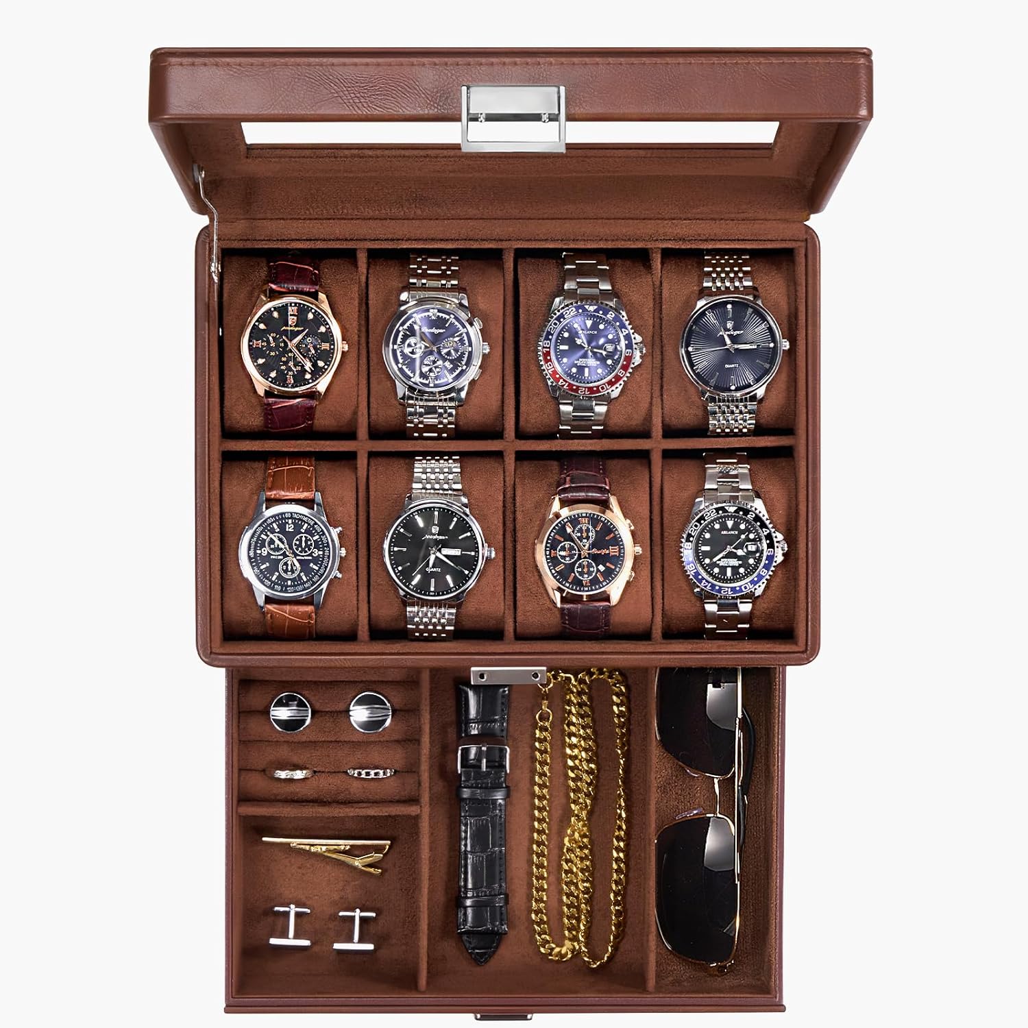 Watch Box for Men, Jewelry Organizer Box with Drawer, Display Storage Case with Glass Lid, brown