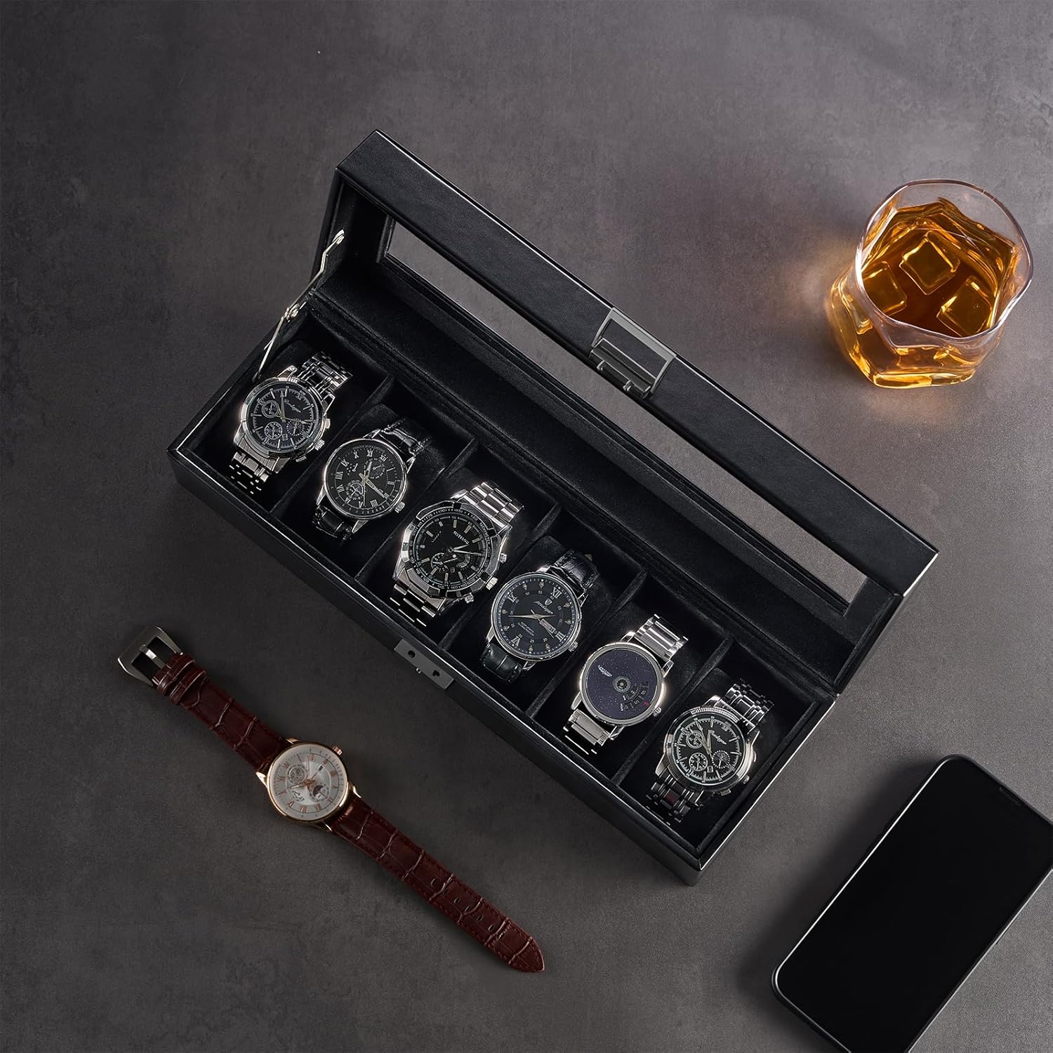 Watch Case Box for Men, PU leather Man Watch Organizer with Soft Pillow, Lockable Watch Collection Storage Holder with Glass Display Lid, black