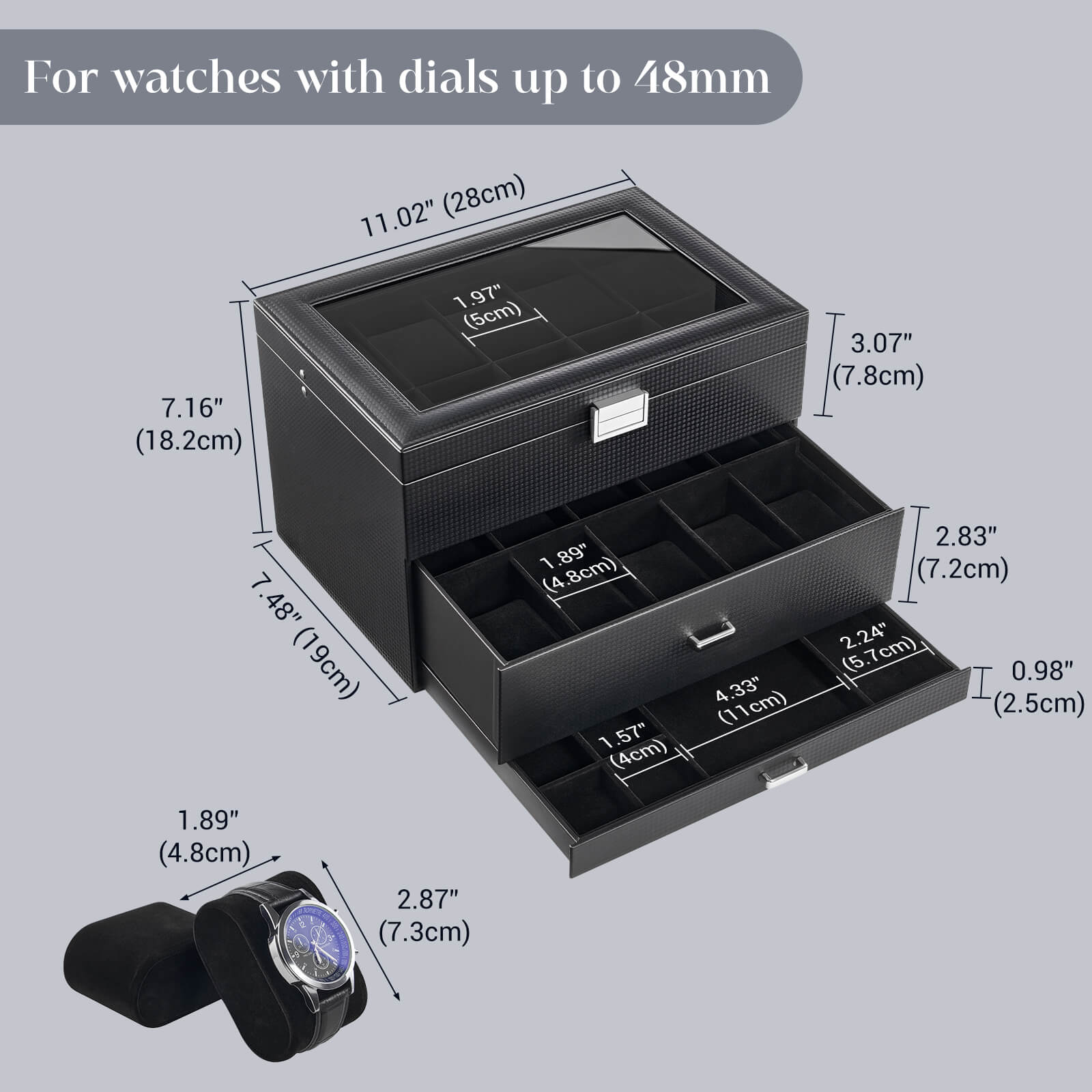 20 Slot Watch Box for Men, 3-Layer Watch Display Case with Glass Lid