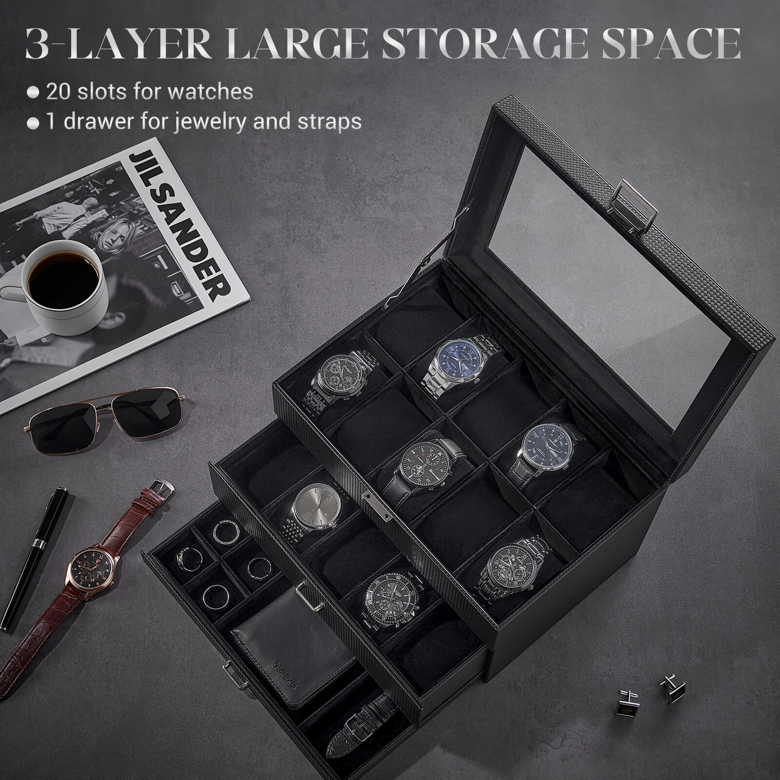 20 Slot Watch Box for Men, 3-Layer Watch Display Case with Glass Lid