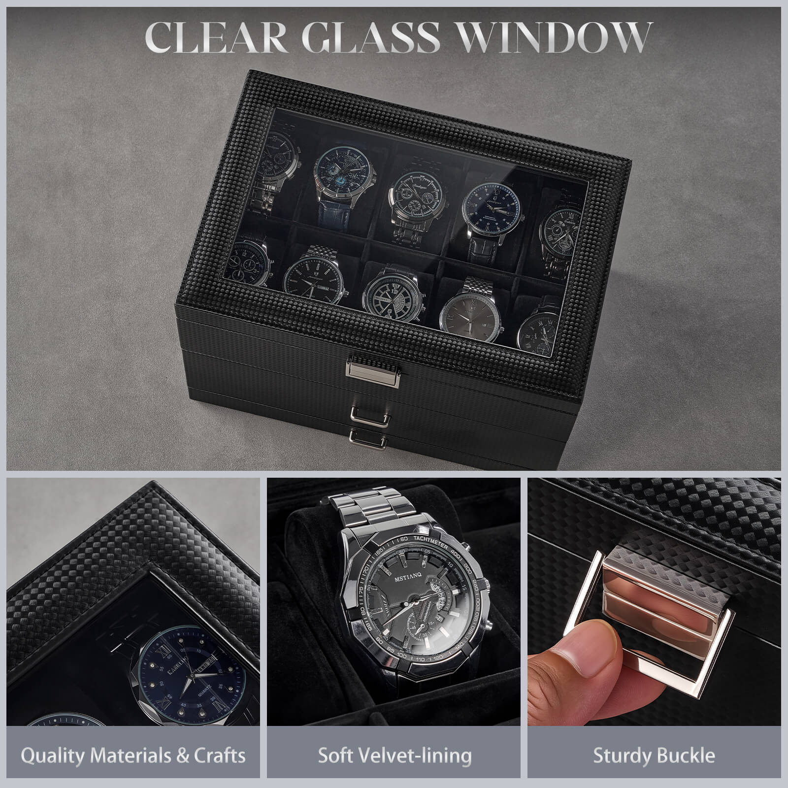 Black watch box with clear glass window, showing watches inside and details of the box.