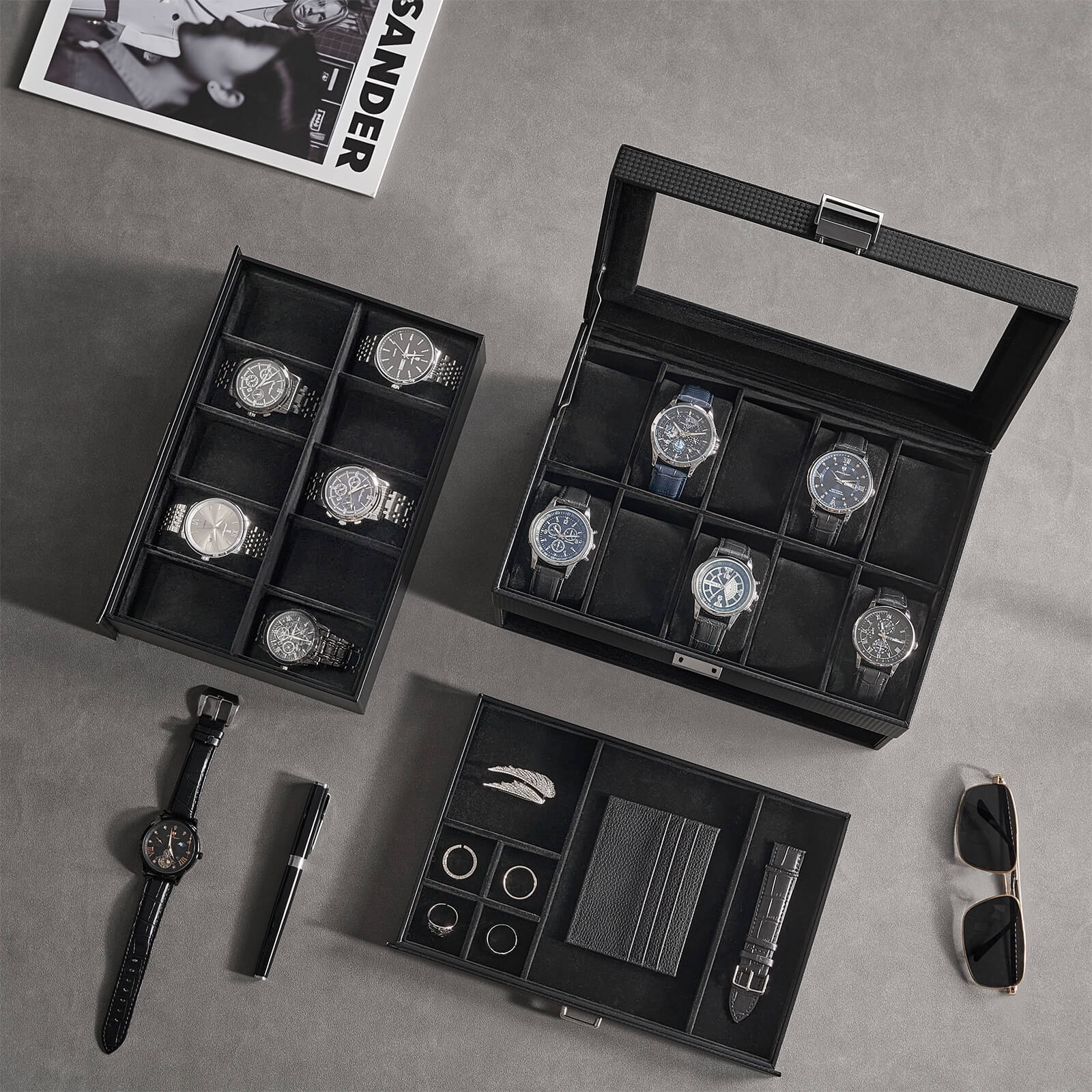 20 Slot Watch Box for Men, 3-Layer Watch Display Case with Glass Lid, black
