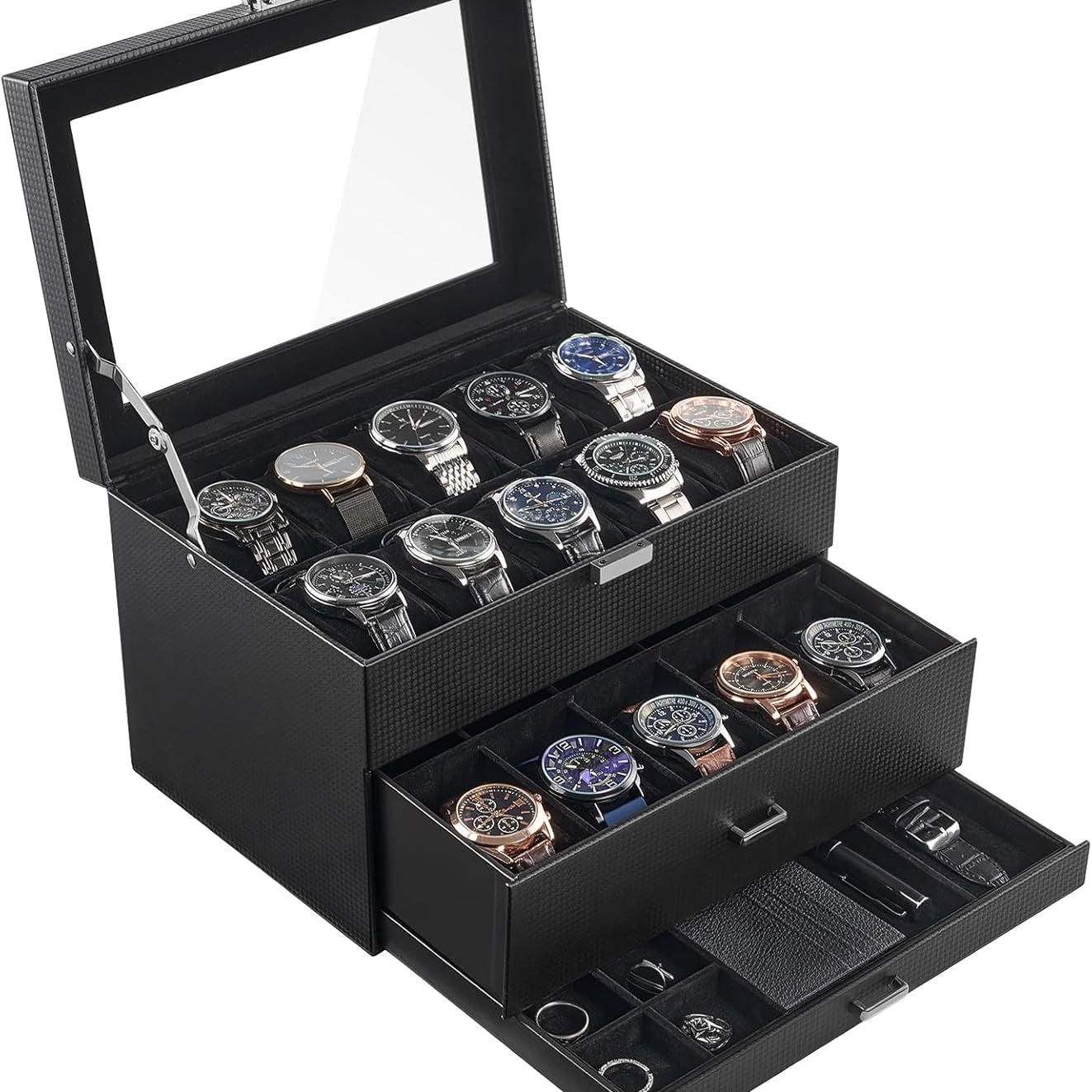 20 Slot Watch Box for Men, 3-Layer Watch Display Case with Glass Lid, Watch Holder with Drawer, Jewelry Storage Organizer for Watches Straps Rings