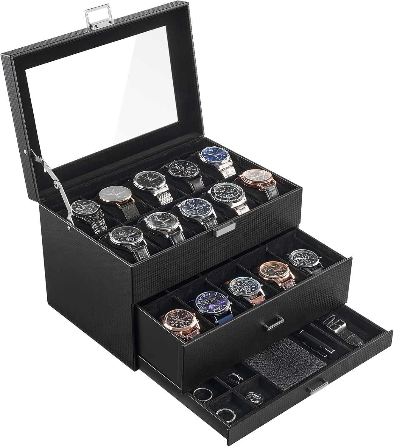20 Slot Watch Box for Men, 3-Layer Watch Display Case with Glass Lid, Watch Holder with Drawer, Jewelry Storage Organizer for Watches Straps Rings