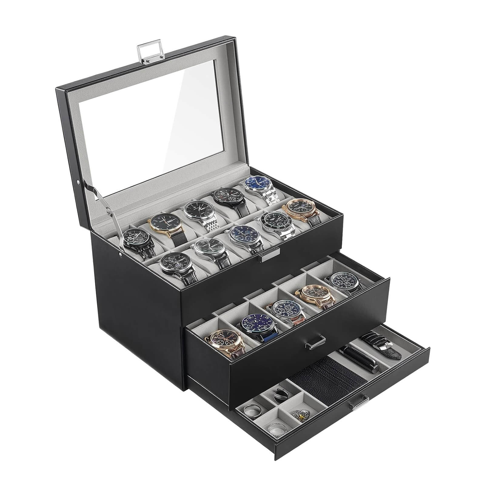 20-Slot 3 Tier black watch box with multiple compartments for storing watches and jewelry
