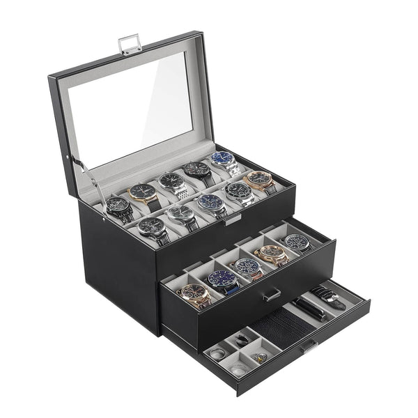 20-Slot 3 Tier black watch box with multiple compartments for storing watches and jewelry