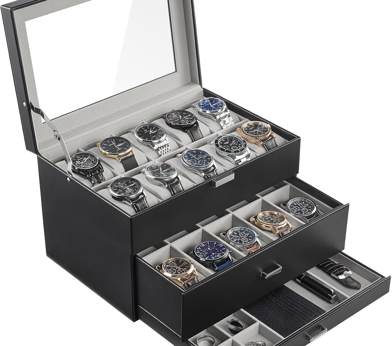 20 Slot Watch Box for Men, 3-Layer Watch Display Case with Glass Lid, Watch Holder with Drawer, Jewelry Storage Organizer for Watches Straps Rings