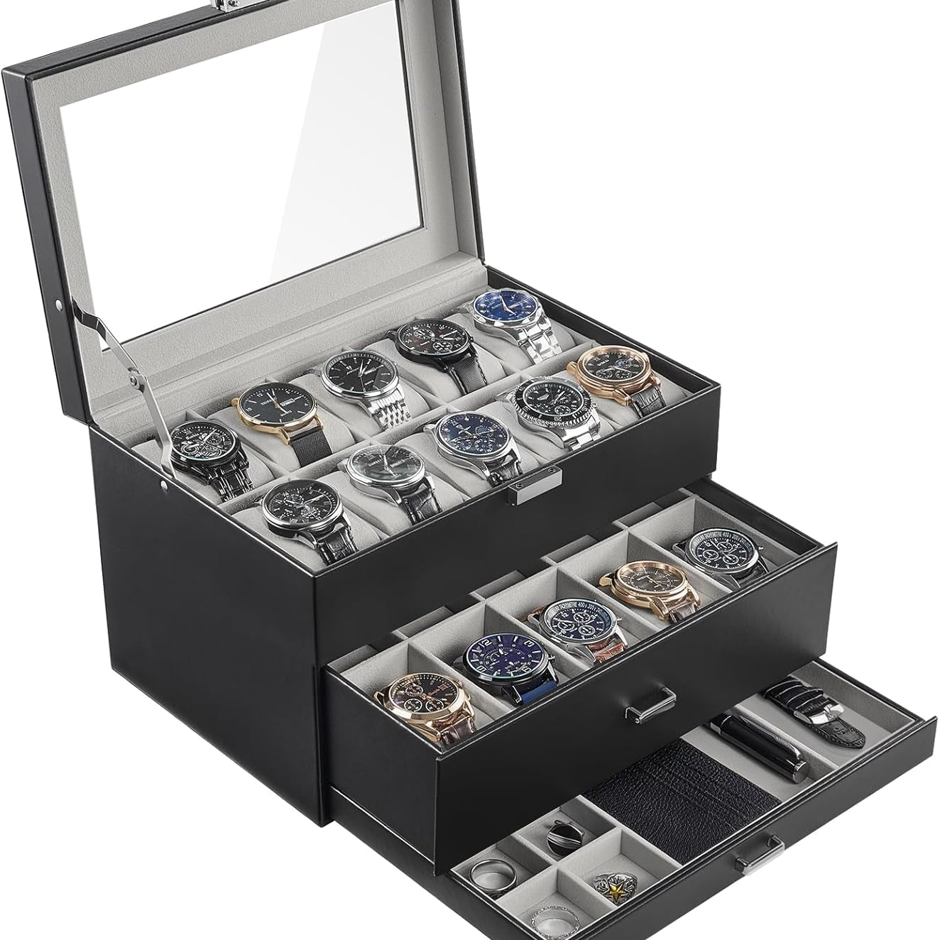 20 Slot Watch Box for Men, 3-Layer Watch Display Case with Glass Lid, Watch Holder with Drawer, Jewelry Storage Organizer for Watches Straps Rings