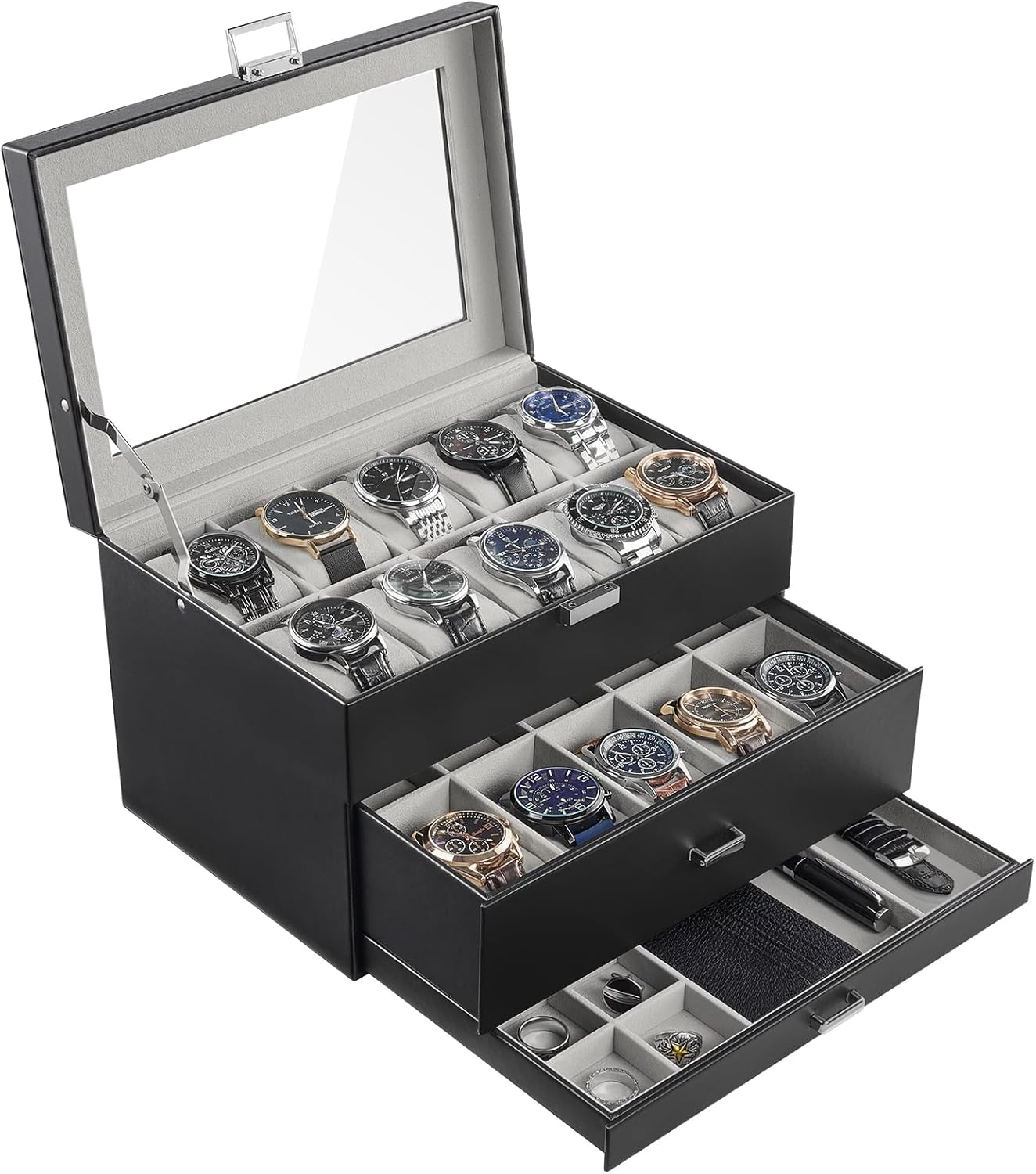 20 Slot Watch Box for Men, 3-Layer Watch Display Case with Glass Lid, Watch Holder with Drawer, Jewelry Storage Organizer for Watches Straps Rings