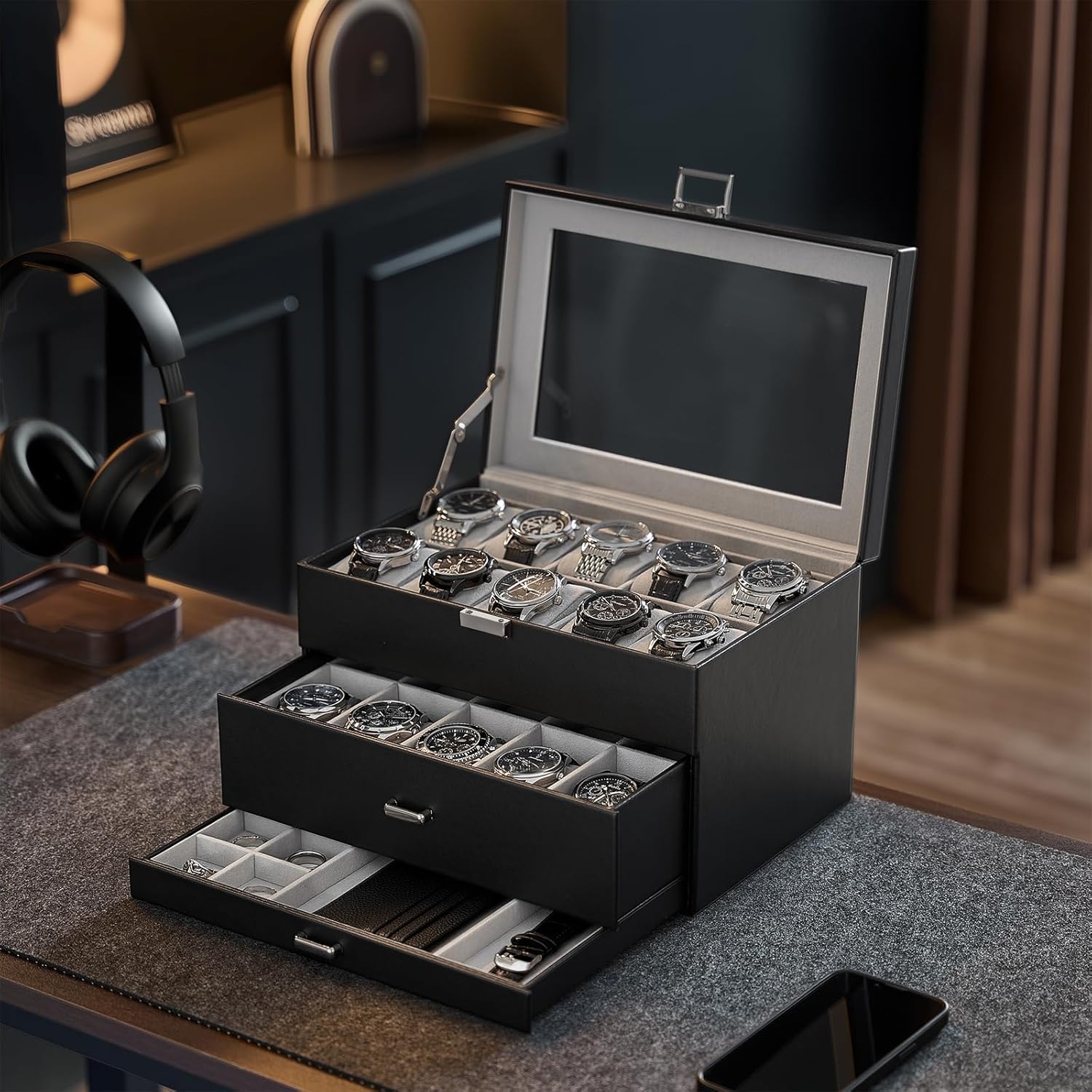 20 Slot Watch Box for Men, 3-Layer Watch Display Case with Glass Lid, Watch Holder with Drawer, Jewelry Storage Organizer for Watches Straps Rings